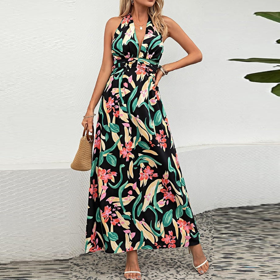 Halterneck Printed Bohemian Dress Vacation Beach Dress