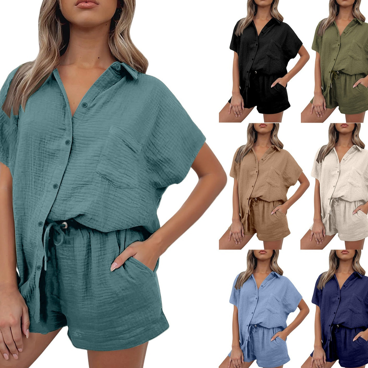 Casual Cotton And Linen Shirt And Shorts Set Womens Clothing