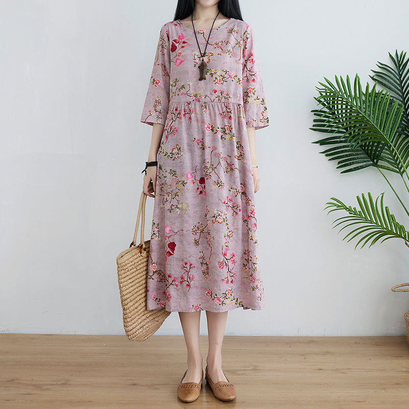 Cotton And Linen Literary Retro Dress Loose Large Size Waist Dress