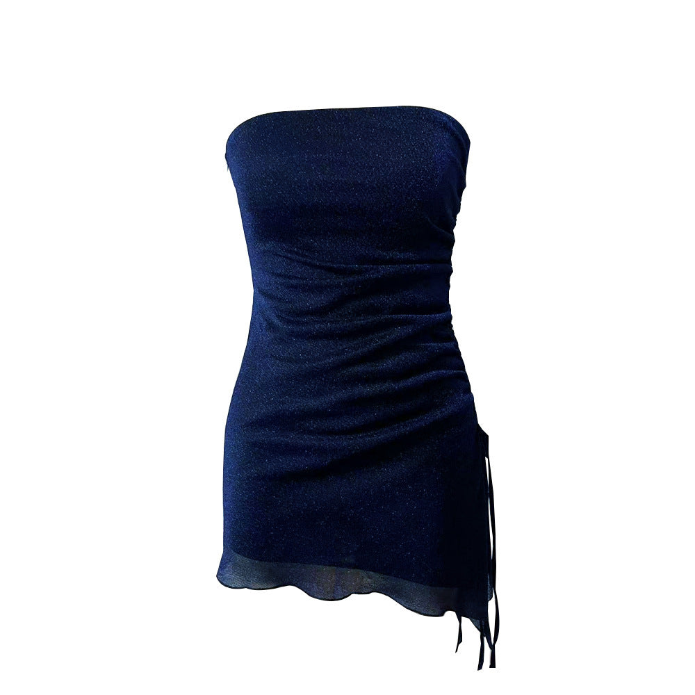 Ins Tube Top Dress With Drawstring Design Backless Dresses For Party Club Clothing