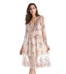 Simplee V long neck party dresses mesh streetwear Christmas MIDI dress female dress