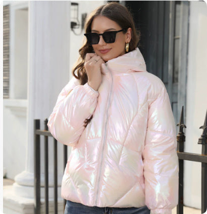 Shiny Surface Cotton Cloth Hooded Puffer Jacket Coat