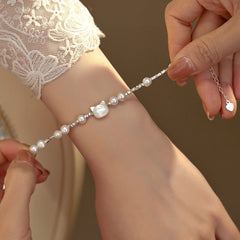 Cute Cat Freshwater Pearl Small Silver Bracelet