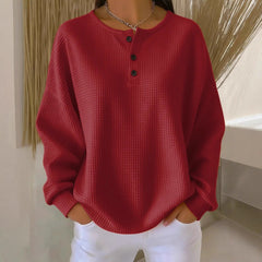 Ins Waffle Long-sleeved T-shirt Solid Color Buttons Round Neck Pullover Top Clothing