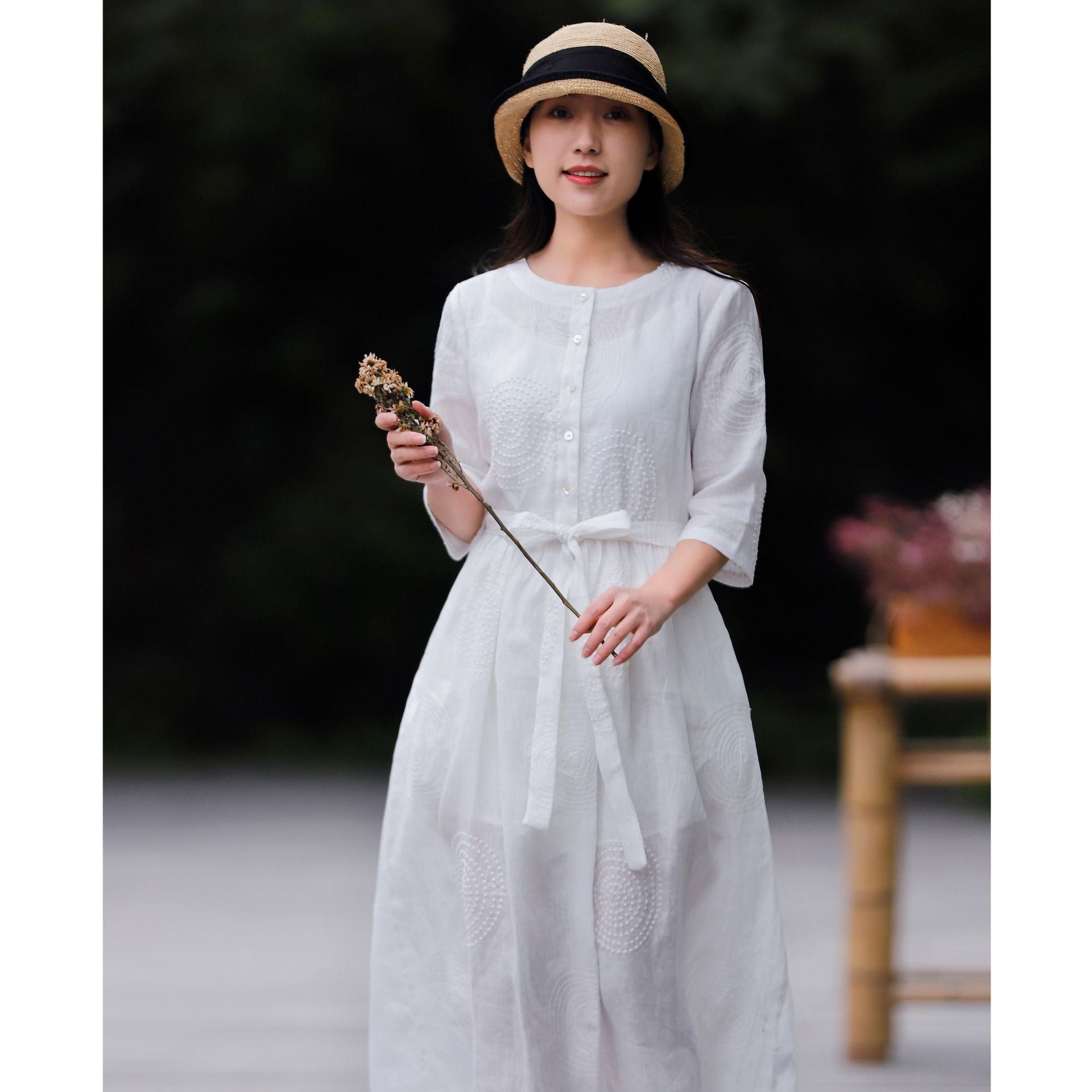 Spring And Literary Leisure Round Neck Linen Embroidered Dress Women