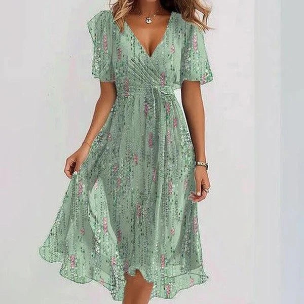 Flowers Printed V-neck Dress A-line Short-sleeved Dresses For Women