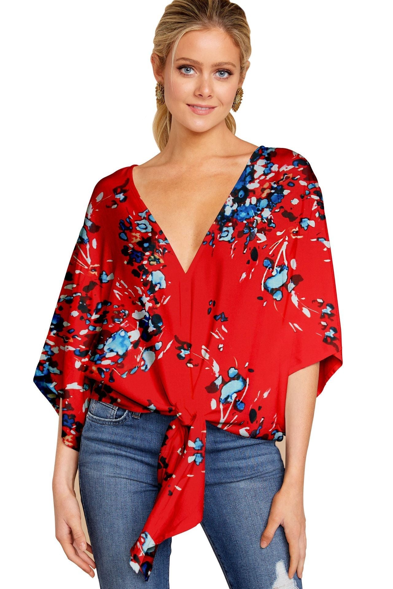 V Neck Blouse Leopard Print Shirts Floral Tie Front Blouses Batwing Oversize Ladies Tops