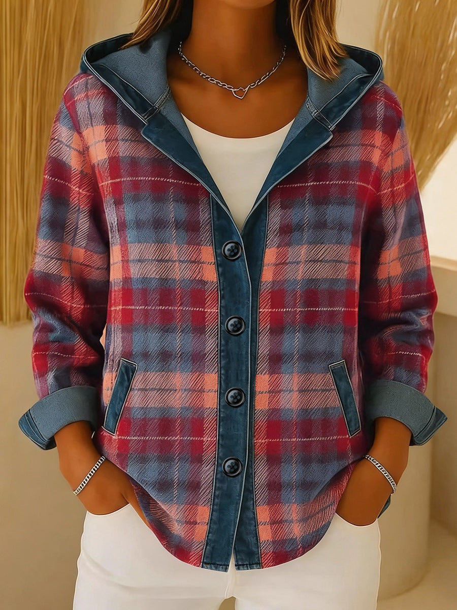 Womens Trendy Plaid Contrast-color Jacket