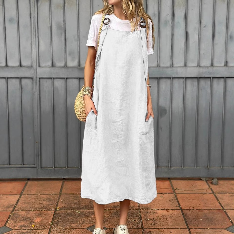 Adjustable Shoulder Strap Casual Cotton And Linen Dress