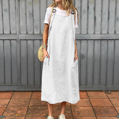 Adjustable Shoulder Strap Casual Cotton And Linen Dress
