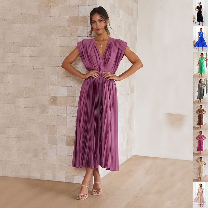 V-Neck Pleated Sleeveless Dress â€?Casual Loose Fit with Zip Detail