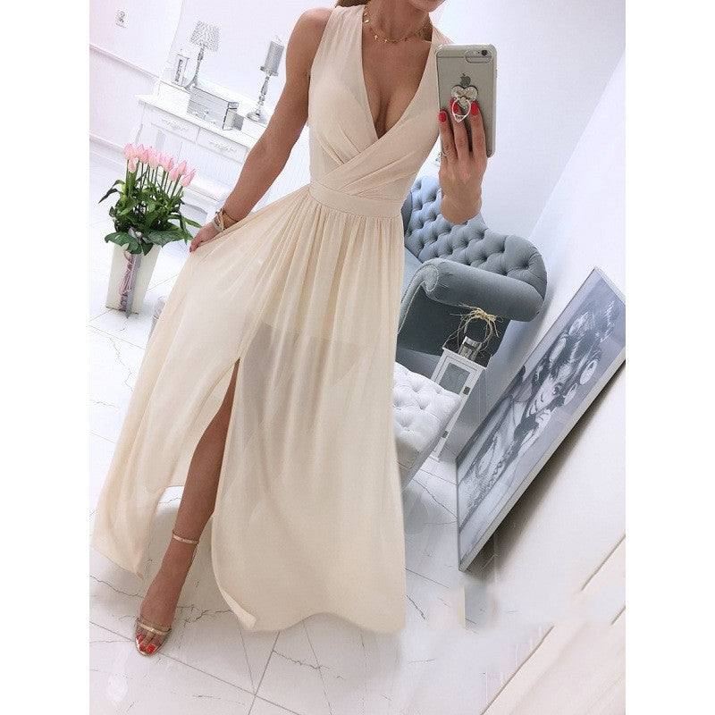 Sleeveless And Ankle Skirt Solid Color V-neck Front Split Long Dress
