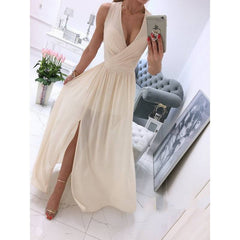 Sleeveless And Ankle Skirt Solid Color V-neck Front Split Long Dress