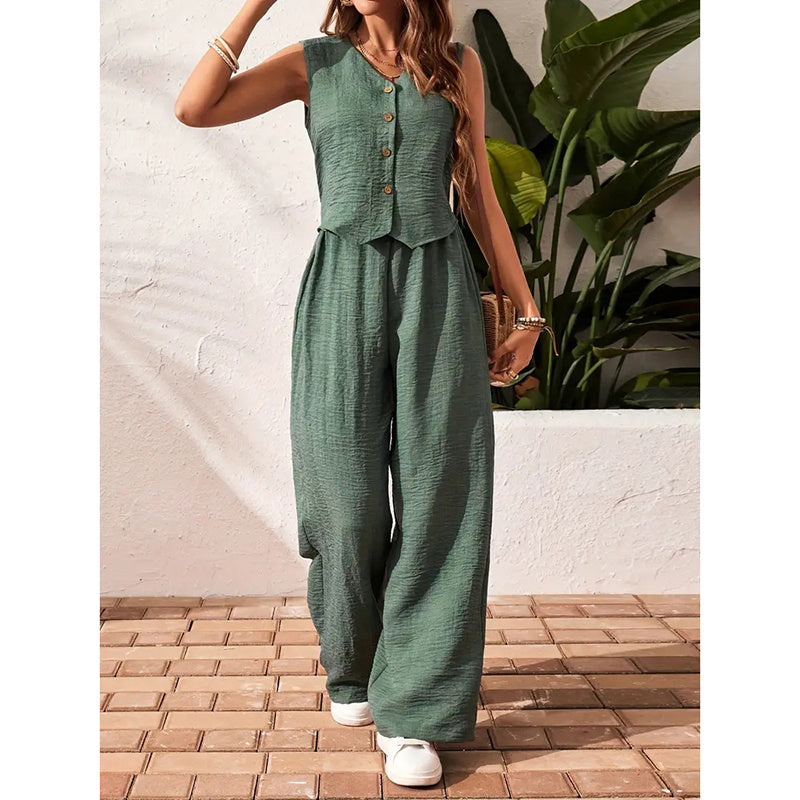 Womens Two Piece Outfits Button V Neck Crop Vest Blazer And Wide Leg Pants Suit Matching Sets
