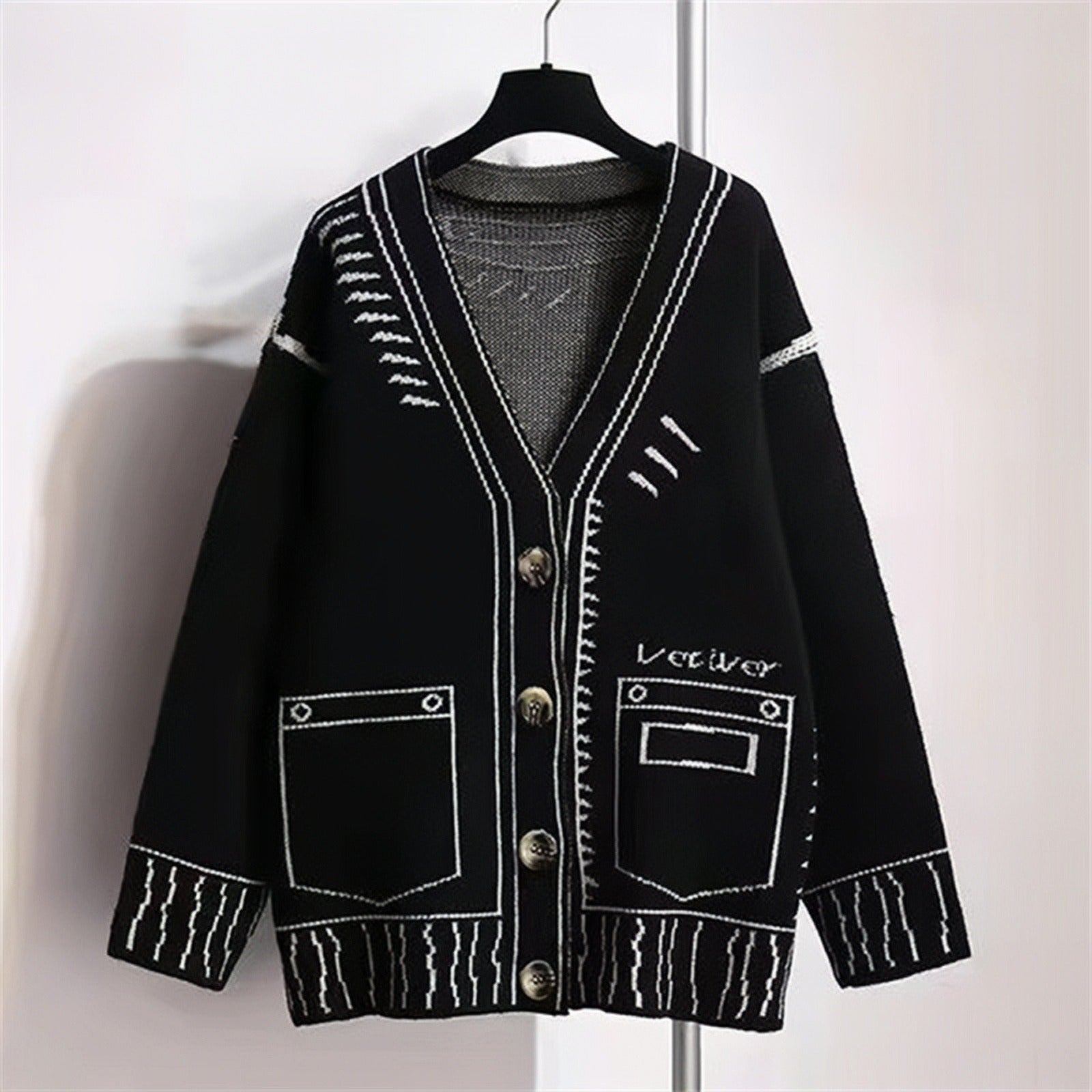 2D Drawing Print Intarsia Cardigan - 2 Colors