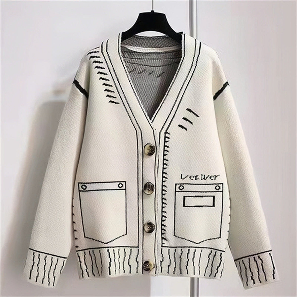 2D Drawing Print Intarsia Cardigan - 2 Colors