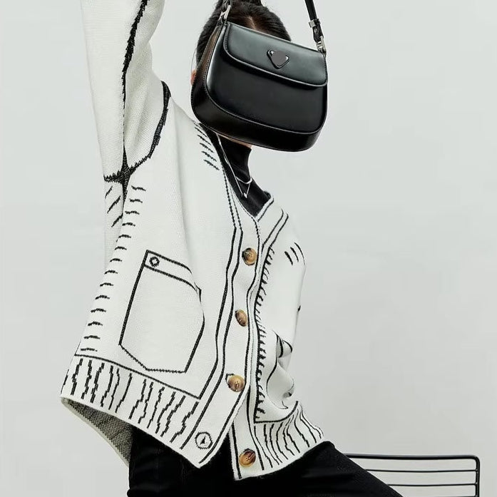 2D Drawing Print Intarsia Cardigan - 2 Colors