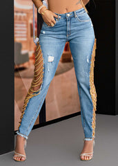 High Rise Destroyed Trendy Chain Raw Hem Lace Up Sides Zipper Button Denim Jeans