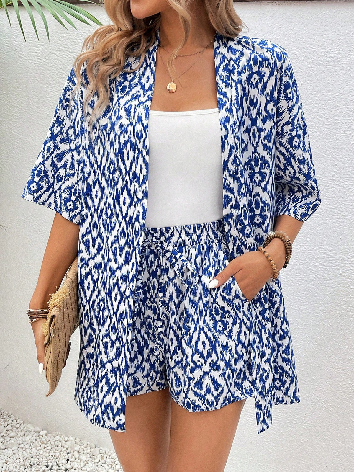 Loose Print Cardigan Suit Women