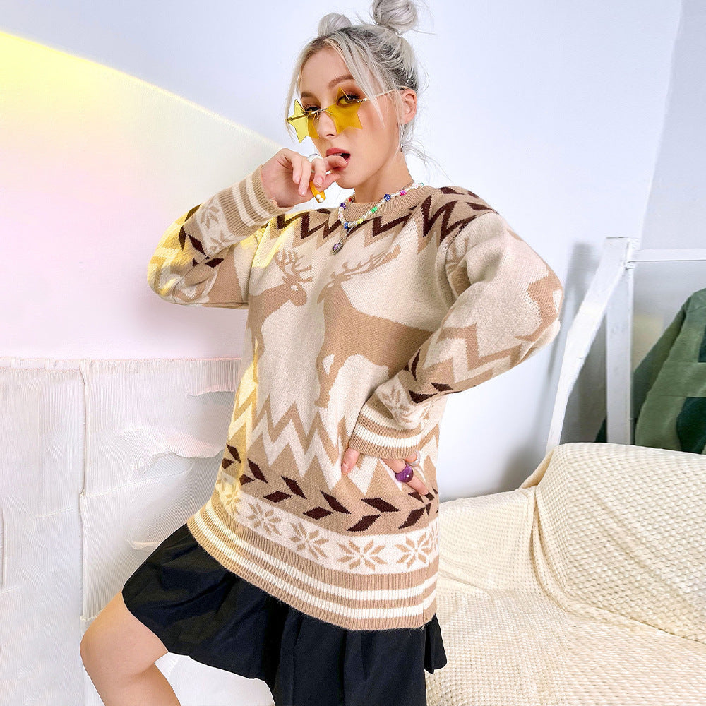 Round Neck Pullover Elk Christmas Style Knitted Sweater Women