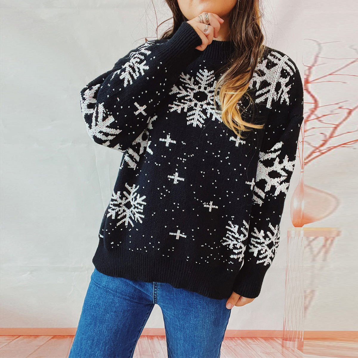 Christmas Snowflake Round Neck Long Sleeve Knitted Sweater