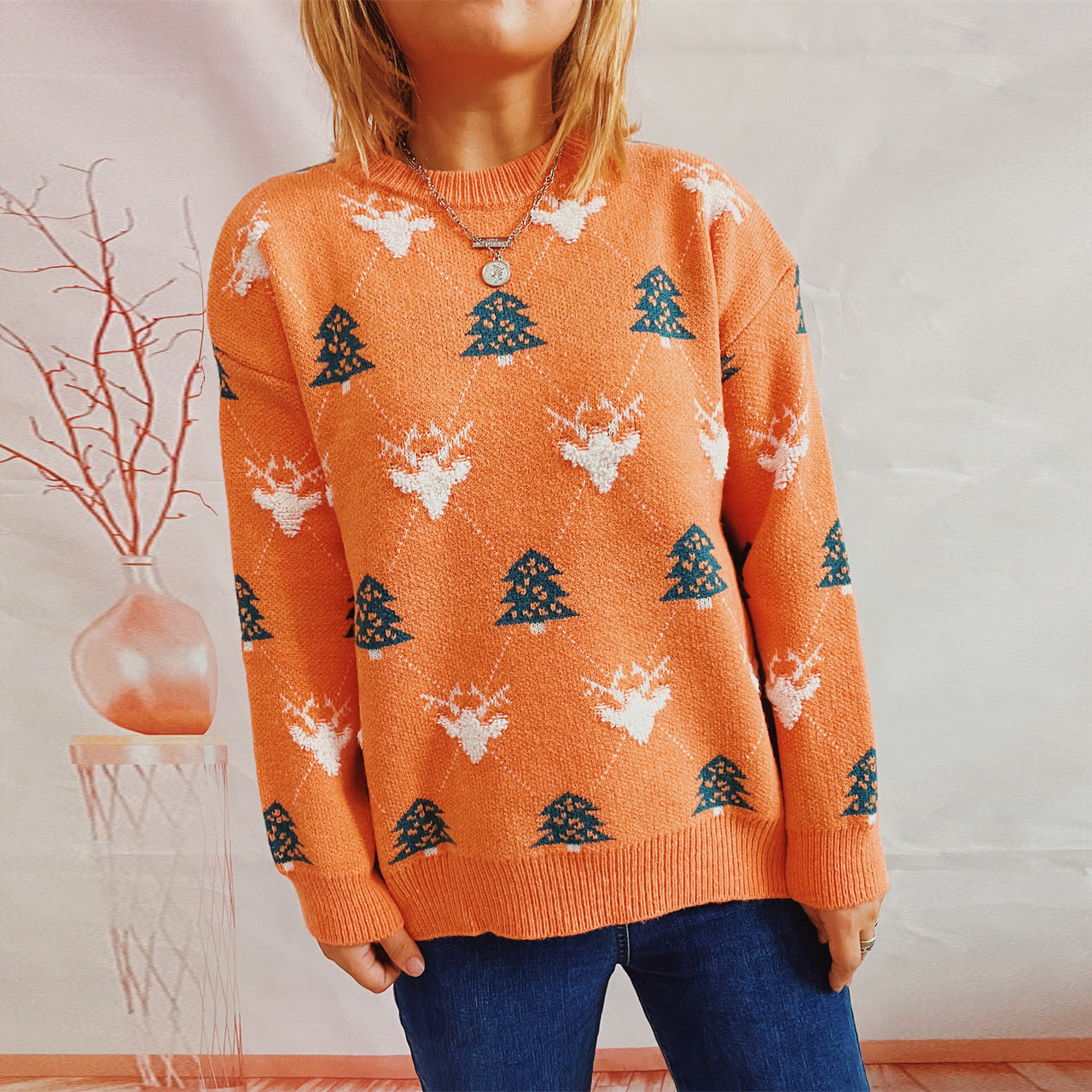 Round Neck Long Sleeve Loose Elk Jacquard Christmas Sweater