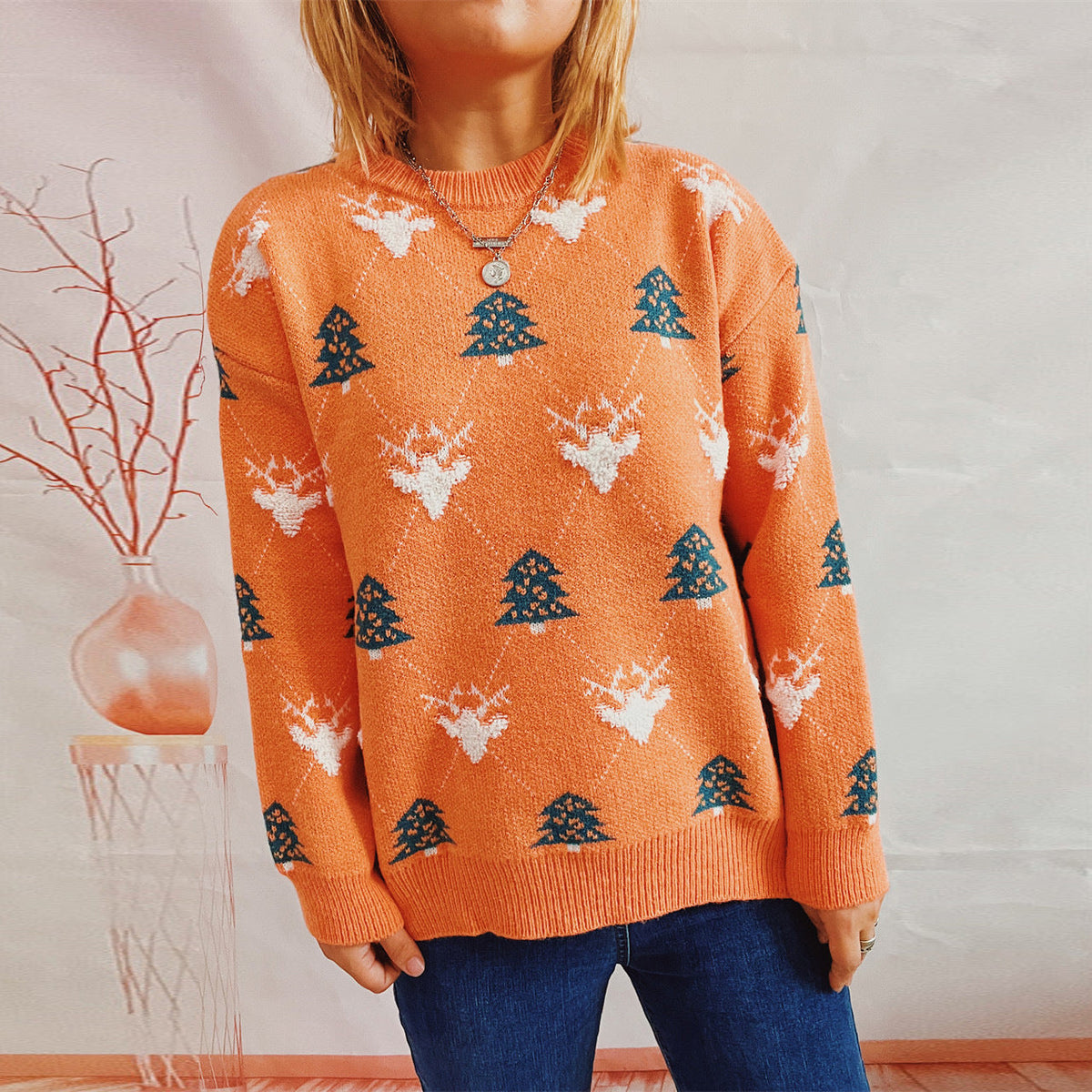 Round Neck Long Sleeve Loose Elk Jacquard Christmas Sweater