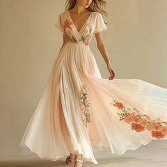 Floral Print V Neck Pleated Chiffon Dress Flutter Short Sleeve Maxi Flowy Beach Wedding Guest Dresses