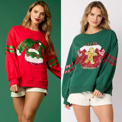 Christmas Sequined Round Neck Top Casual Sweatshirt