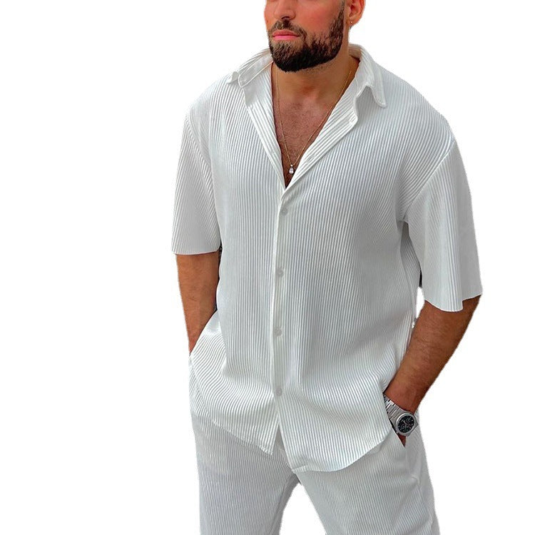 Leisure Loose Beachwear Solid Color Striped Short Sleeve Suit Southeast Asian Men's Shirt Two-piece Set