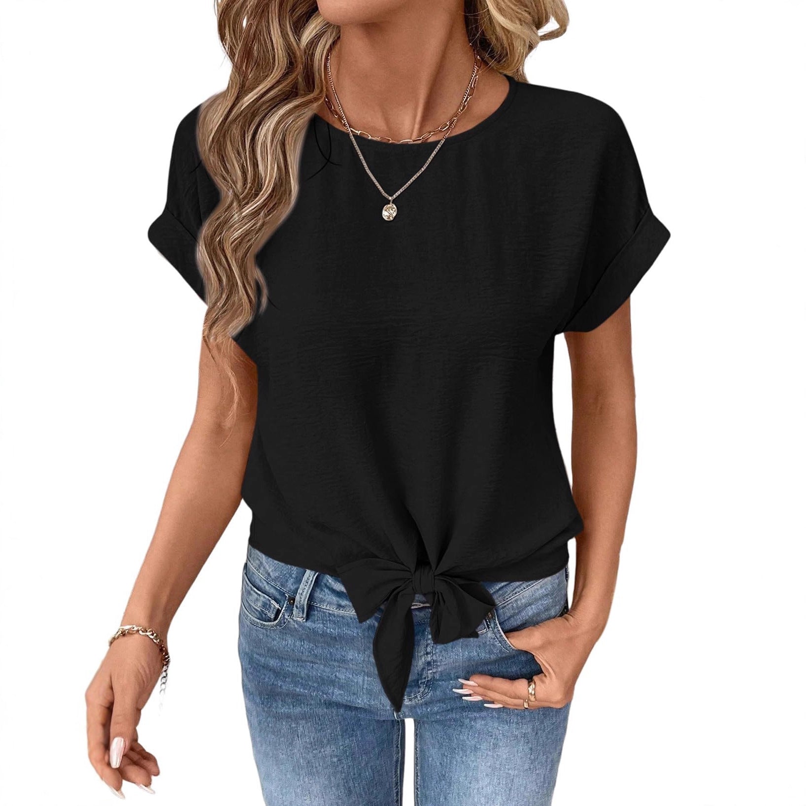 Bow-tied Hem Short-sleeve Shirt Round-neck Pullover