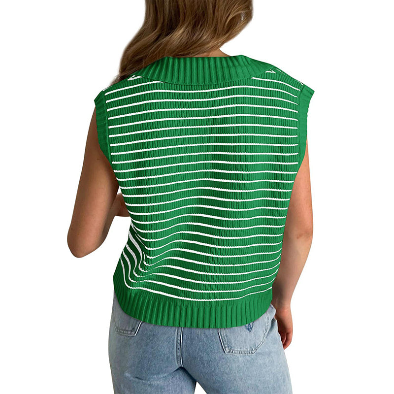 V Neck Cap Sleeve Sweater Vest Sleeveless Collared Striped Knit Tank Tops