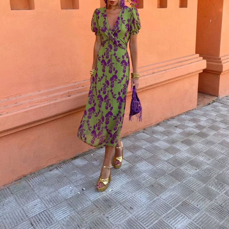 V-neck Short-sleeved Dress Flowers Printed Slim Beach Dresses For Clothing