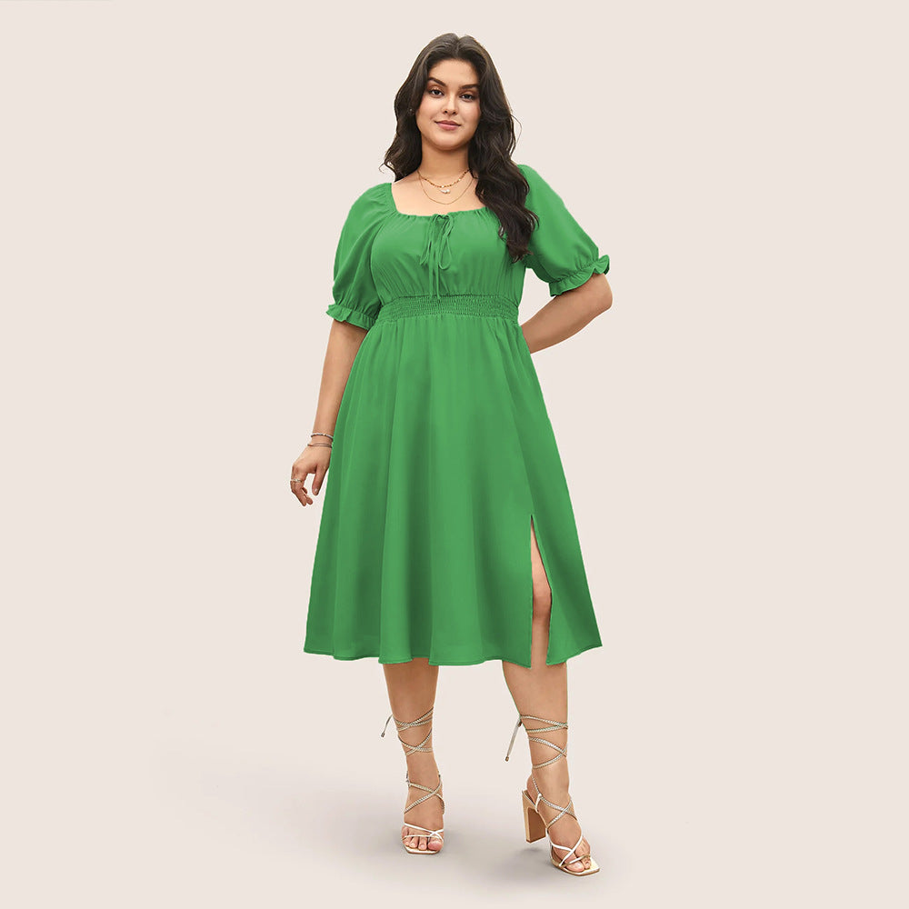 Retro Square-Neck Puff-Sleeve Waist-Cinched Slimming Green Midi Dress