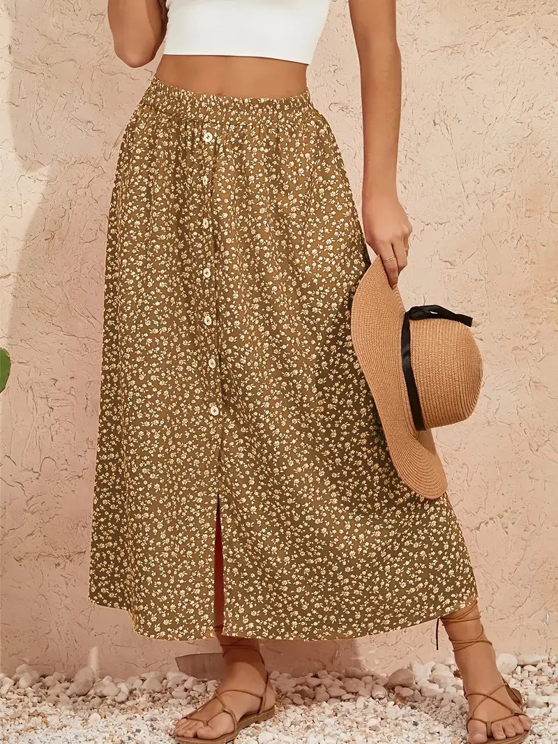 Printed Breasted Self-tie Pastoral A- Line Skirt Advanced Skirt