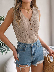 S Solid Color Button V-Neck Hollow Out Sleeveless Knit Vacation Top