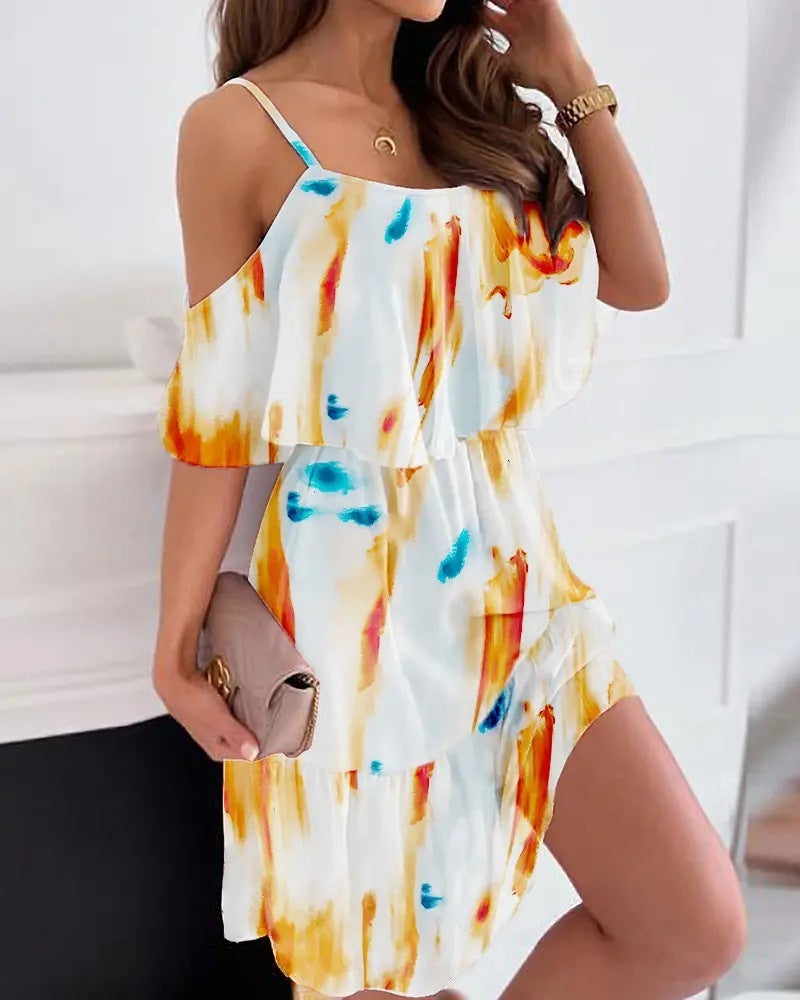Flower Printed Ruffled Suspender Dress â€?Off-the-Shoulder Strap Dress
