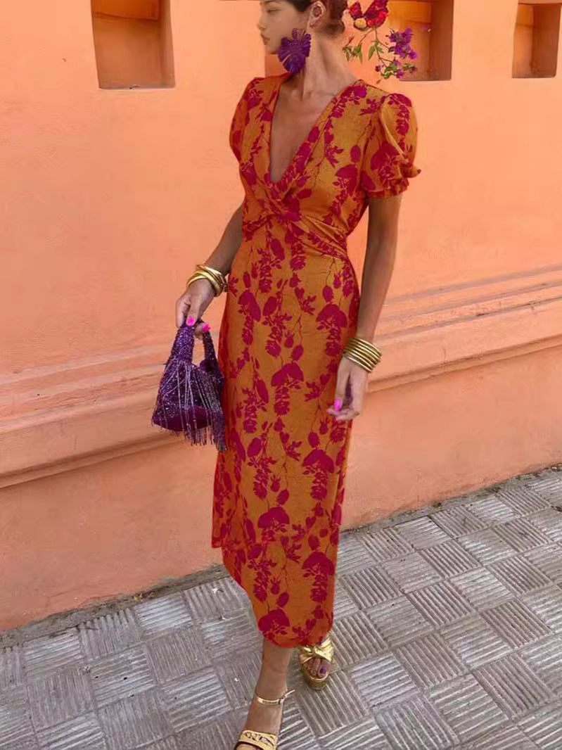 V-neck Short-sleeved Dress Flowers Printed Slim Beach Dresses For Clothing