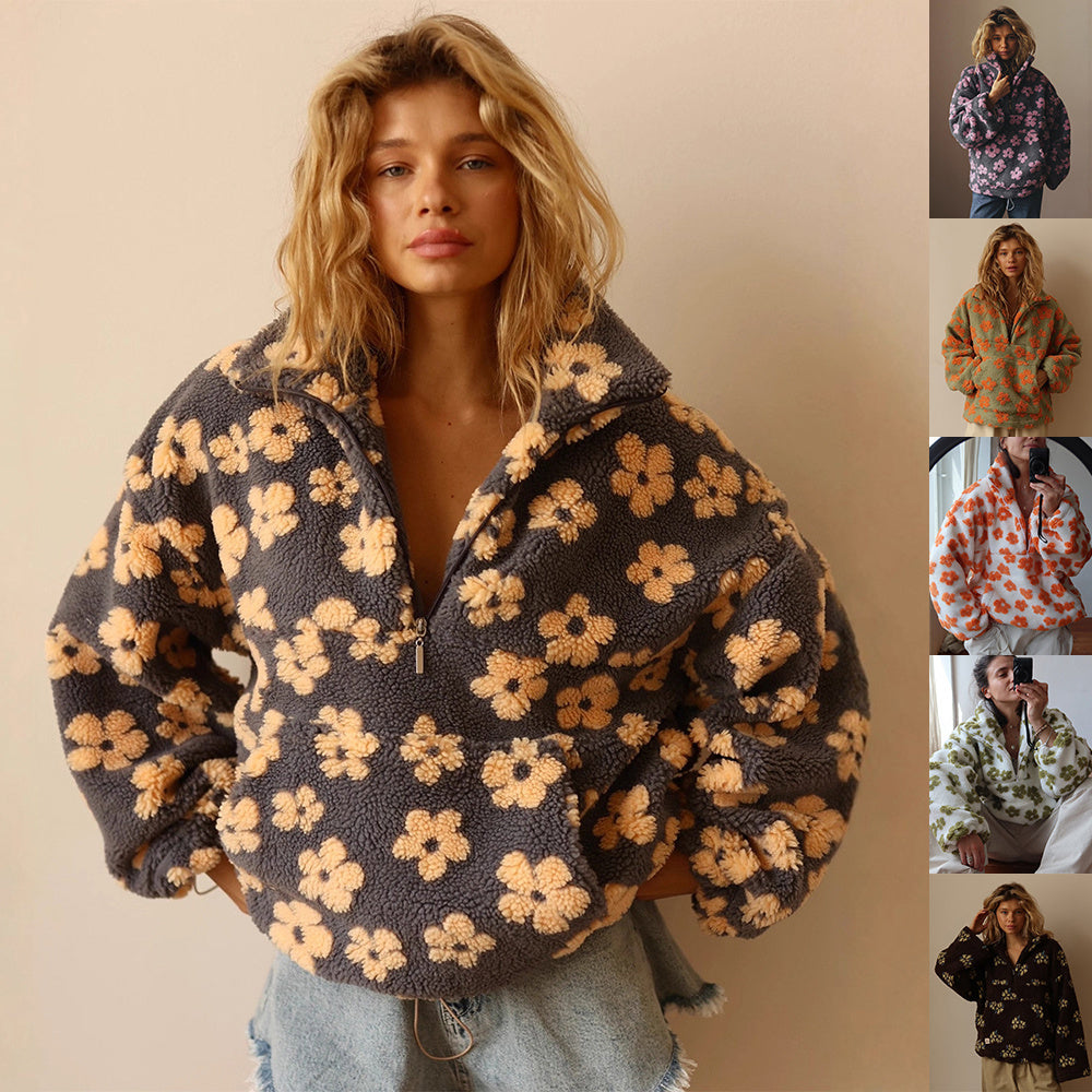 Flowers Lambskin Sweatshirt With Big Pocket Casual Loose Zip-up Lapel Pullover Top Clothing