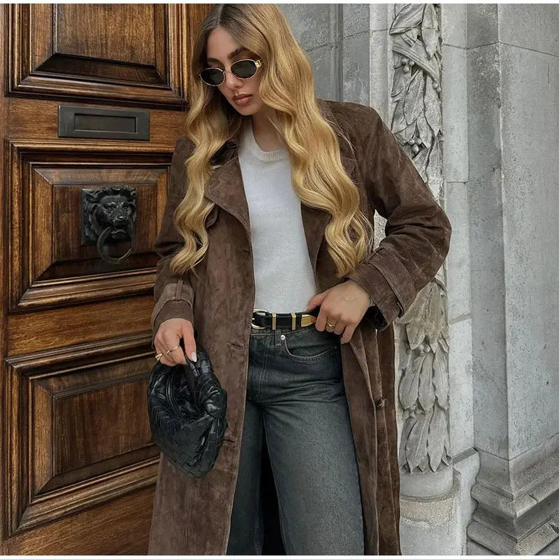 Double Breasted Lapel Shift Coat With Belt Vintage Suede Long Coat Outwear Clothing