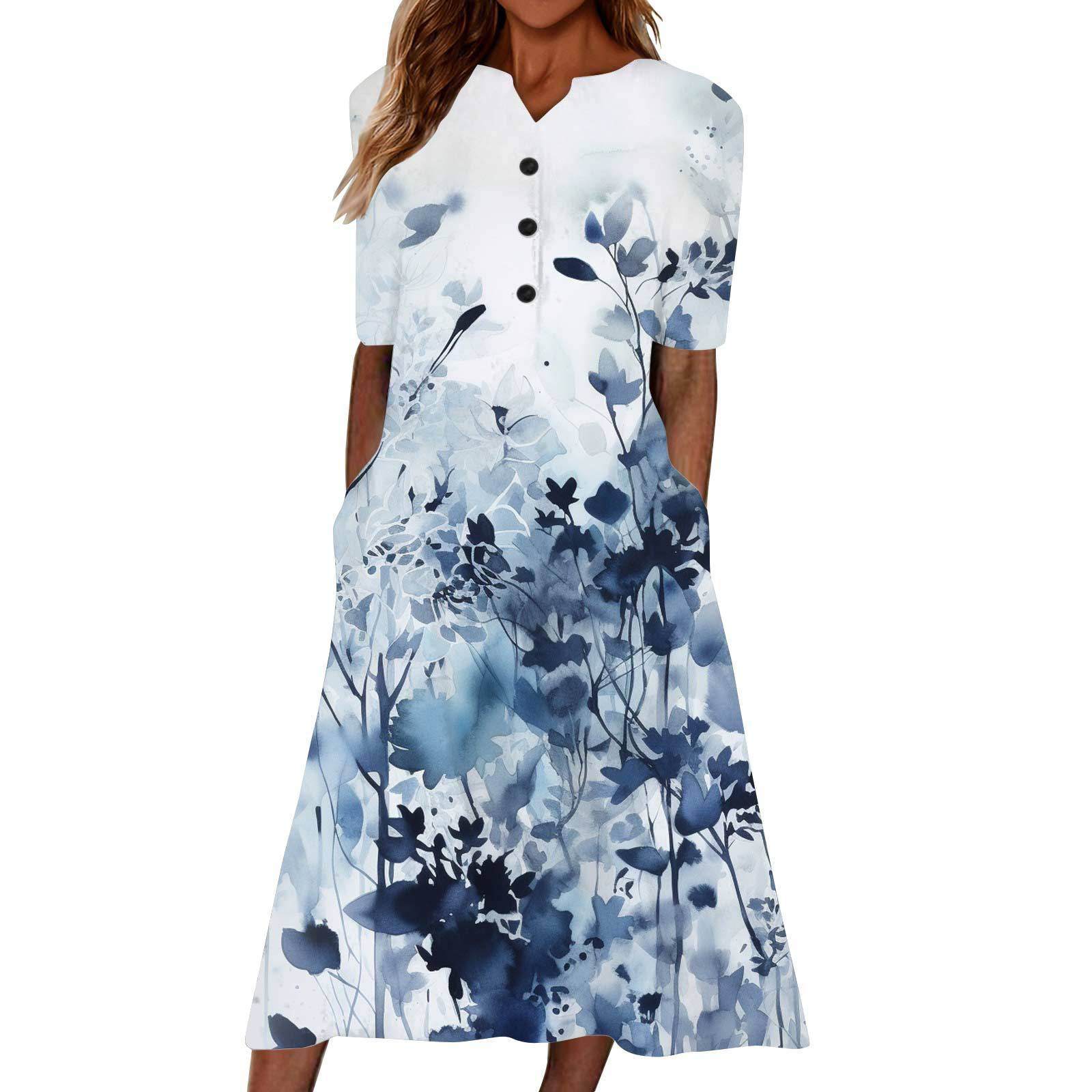 Casual Short Sleeved Long Midi Plain Dresses With Pockets
