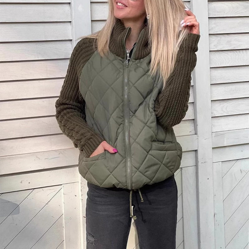 Stand Collar Cotton Jacket With Pockets Knitted Stitching Zipper Coat Warm Tops For Clothing