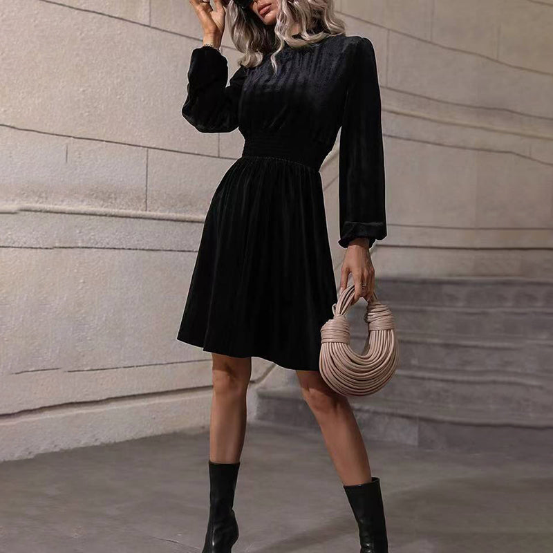 Mock Neck Velvet Midi Dress, Smocked Waist Long Sleeve Casual Dress