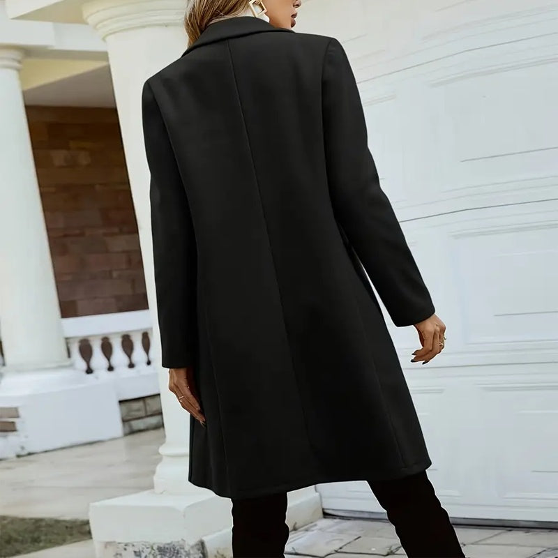 Solid Color Double-Breasted Wool-Like Coat Notch Lapel Long Sleeve Mid-Length Overcoat With Pockets