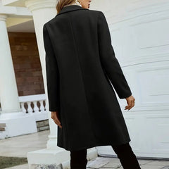 Solid Color Double-Breasted Wool-Like Coat Notch Lapel Long Sleeve Mid-Length Overcoat With Pockets