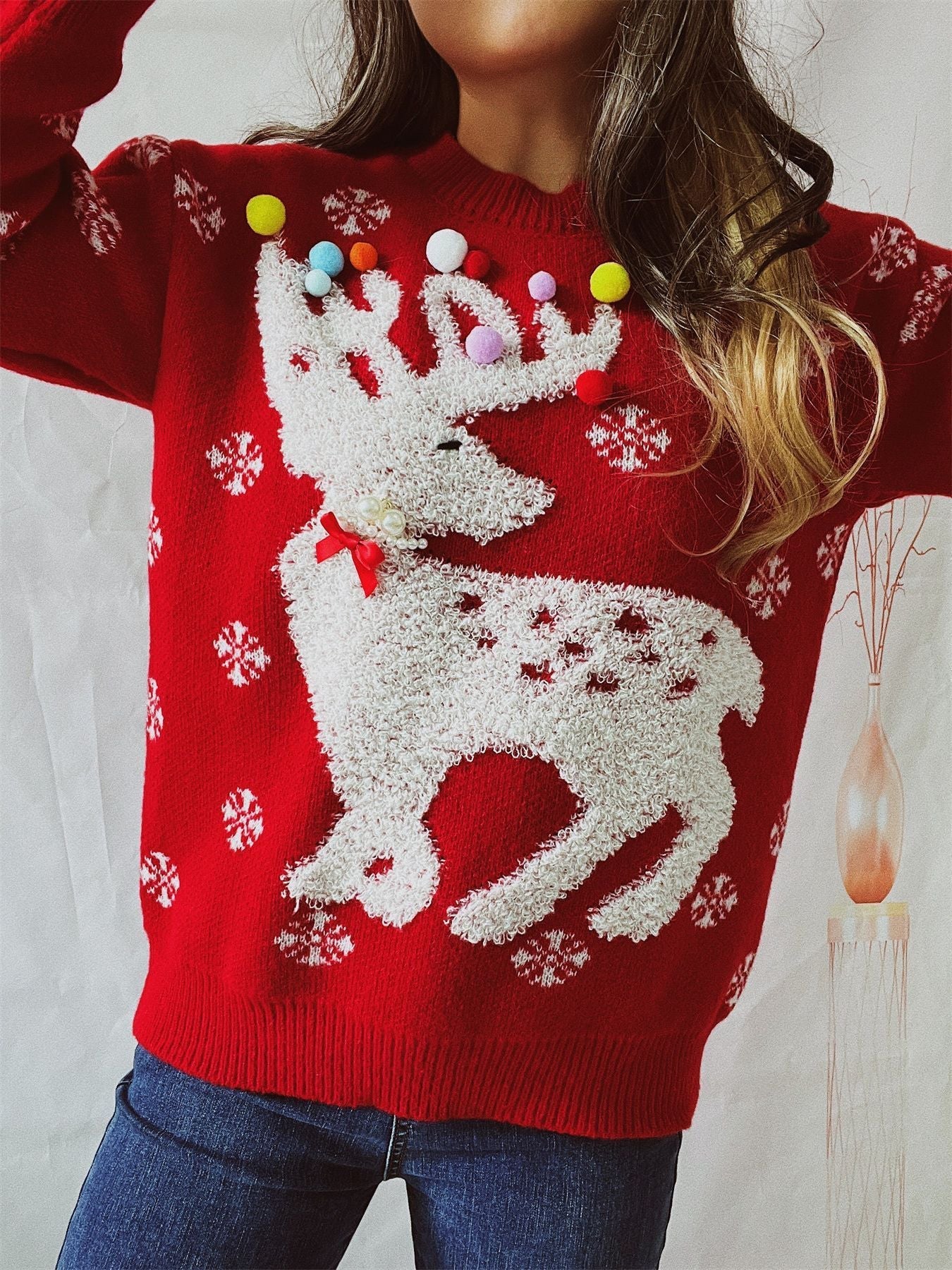 Elk Flocking Jacquard Handmade Pearl Colorful Ball Decorative Knitted Christmas Sweater