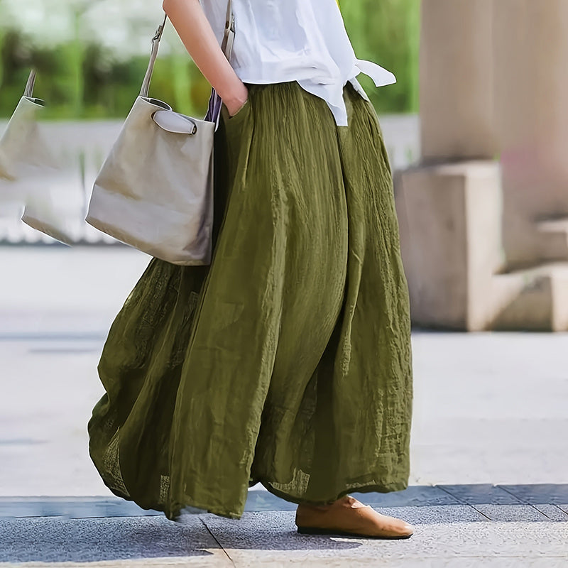 Bohemian Beach A-Line Dress Elastic Waist Flowy Long Maxi Skirt With Pockets