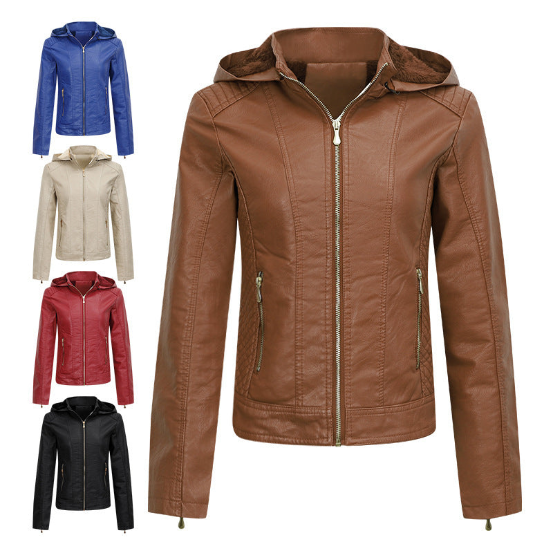 Plush Thickened Hooded Coat Slim Zipper Leather Jacket With Pockets Long Sleeve Outwear Tops For Womens Clothing