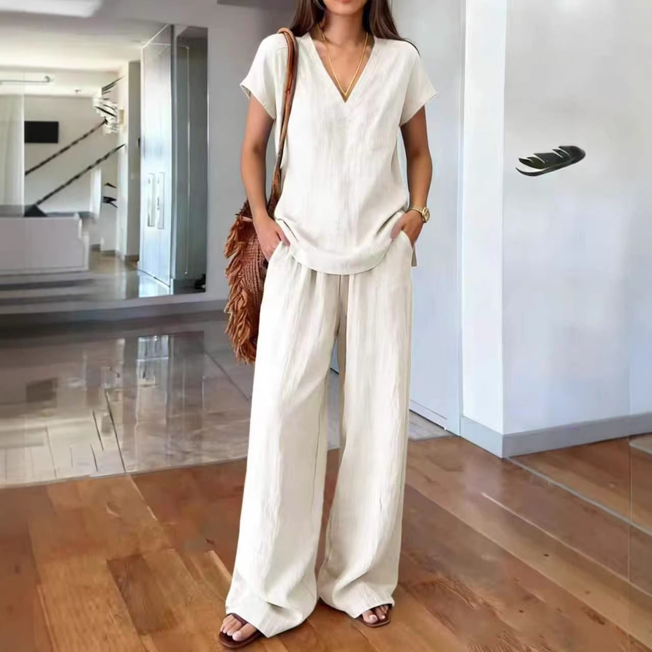 V-neck Short-sleeve T-shirt And Wide-leg Pants Womens Suit