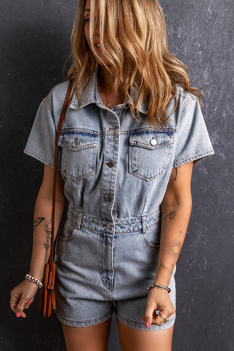 Retro Washed Short Sleeve Rompers Women